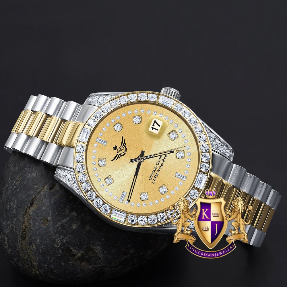 Men's Full Stainless Steel Black Dial 2 Tone Gold Dial Simulated Diamond 40mm Presidential Watch