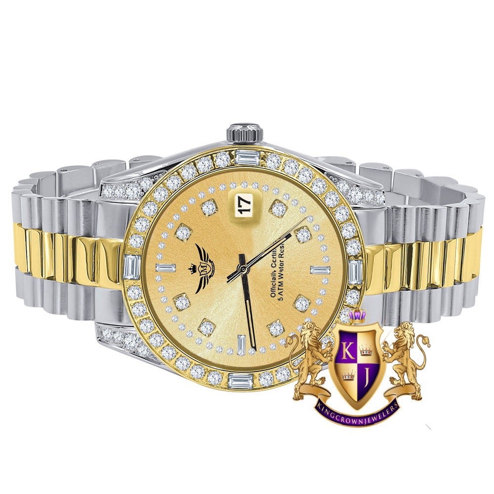 Men's Full Stainless Steel Black Dial 2 Tone Gold Dial Simulated Diamond 40mm Presidential Watch