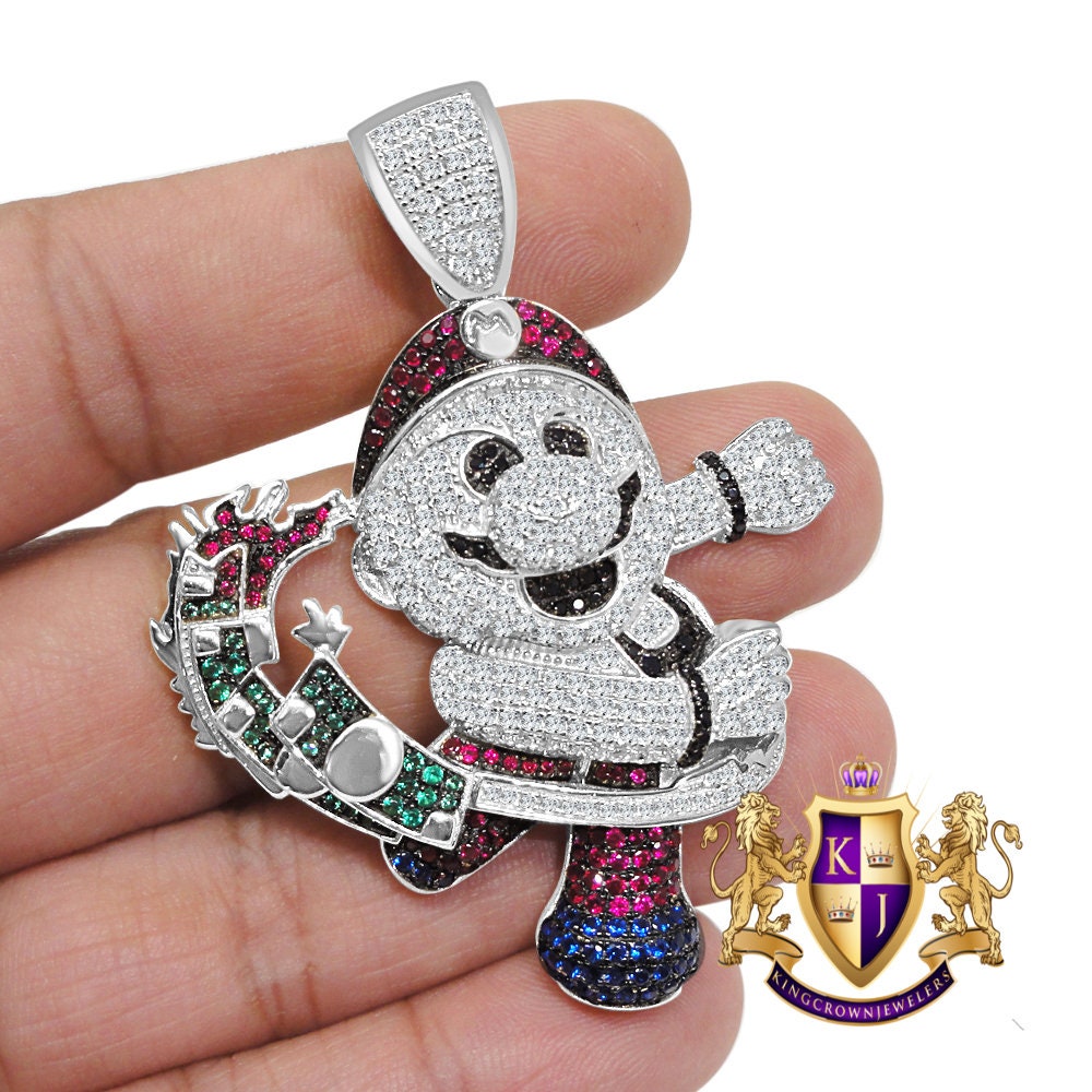 10K White Gold On Real Genuine Sterling Silver Multi Tone Simulated Diamonds Custom Piece Mend Designer Charm Pendent