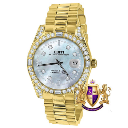 Men's Full Stainless Steel MOP Dial Gold Tone Simulated Diamond 40mm Presidential Watch