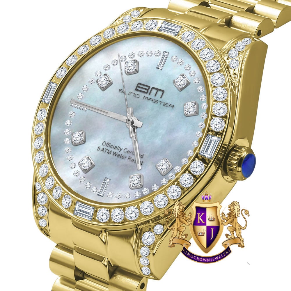 Men's Full Stainless Steel MOP Dial Gold Tone Simulated Diamond 40mm Presidential Watch