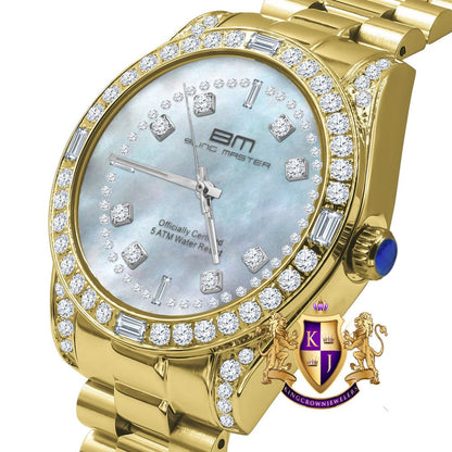 Men's Full Stainless Steel MOP Dial Gold Tone Simulated Diamond 40mm Presidential Watch