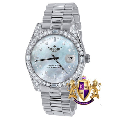 Men's Full Stainless Steel MOP Dial White Gold Tone Simulated Diamond 40mm Presidential Watch