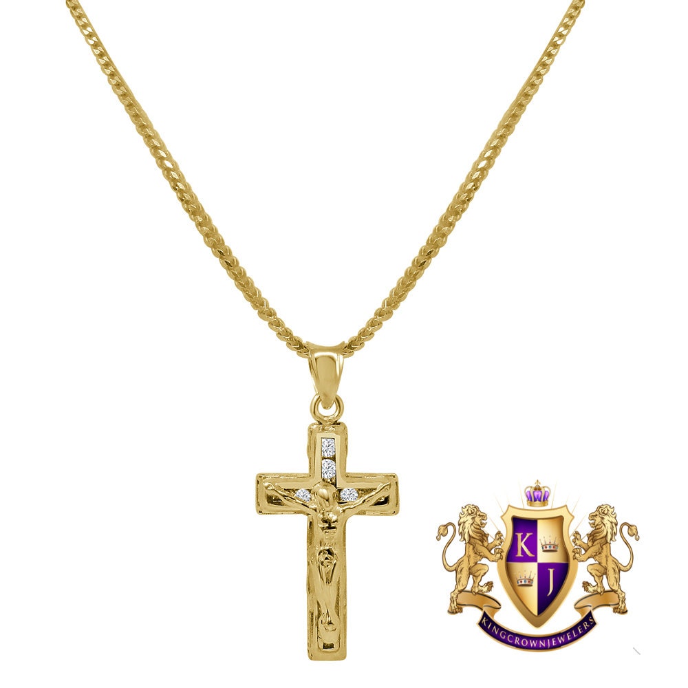 10K Real Yellow Gold Jesus Crucifix Cross Religious Mini Pendent Charm 1.15'' + Free Chain