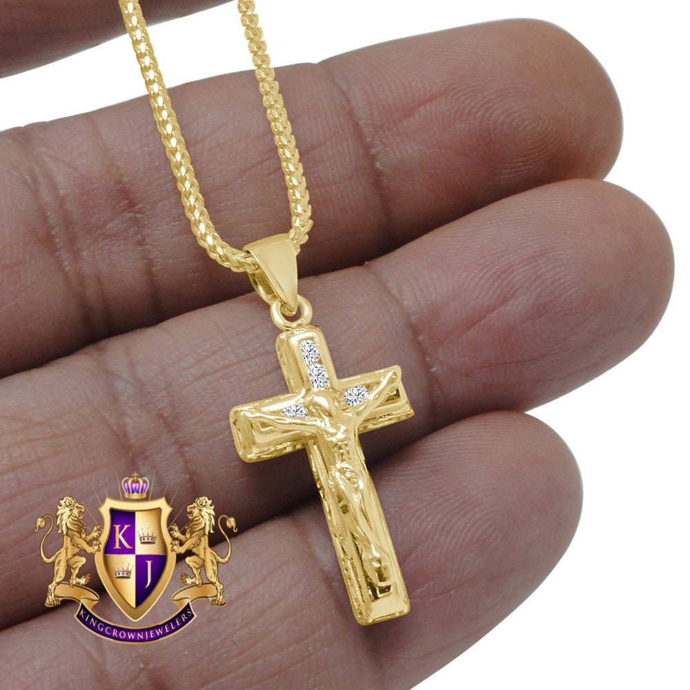 10K Real Yellow Gold Jesus Crucifix Cross Religious Mini Pendent Charm 1.15'' + Free Chain