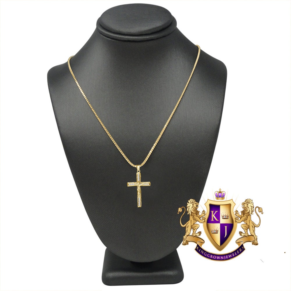 10K Real Solid Yellow Gold Jesus Crucifix Cross Religious Pendent Charm 1.60'' + Free Chain
