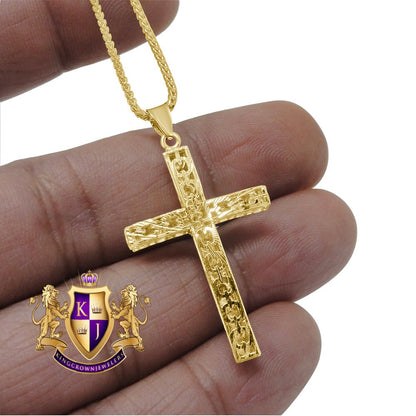10K Real Solid Yellow Gold Jesus Crucifix Cross Religious Pendent Charm 1.60'' + Free Chain