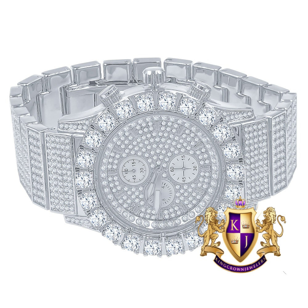 Men's 18K White Gold Finish Solitaire Simulated Diamonds Stainless Steel Back Watch 44mm