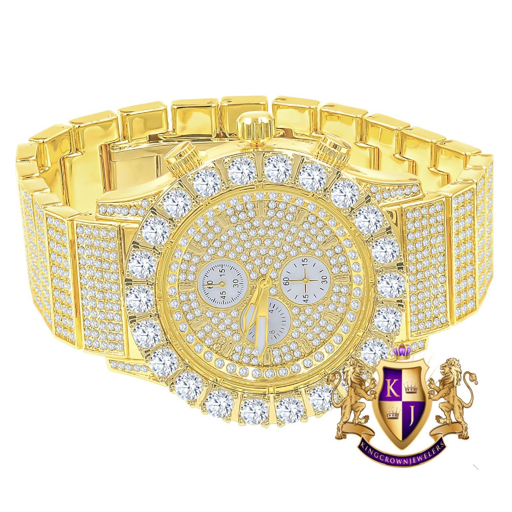 Men's 18K Yellow Gold Finish Solitaire Simulated Diamonds Stainless Steel Back Watch 44mm