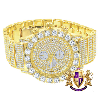 Men's 18K Yellow Gold Finish Solitaire Simulated Diamonds Stainless Steel Back Watch 44mm
