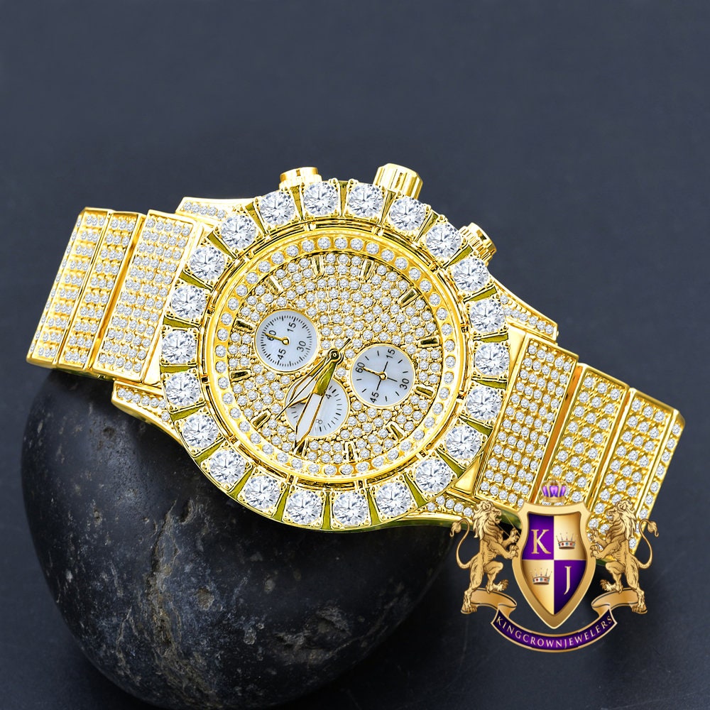 Men's 18K Yellow Gold Finish Solitaire Simulated Diamonds Stainless Steel Back Watch 44mm