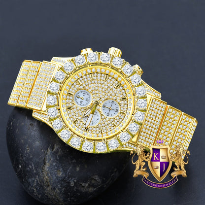 Men's 18K Yellow Gold Finish Solitaire Simulated Diamonds Stainless Steel Back Watch 44mm