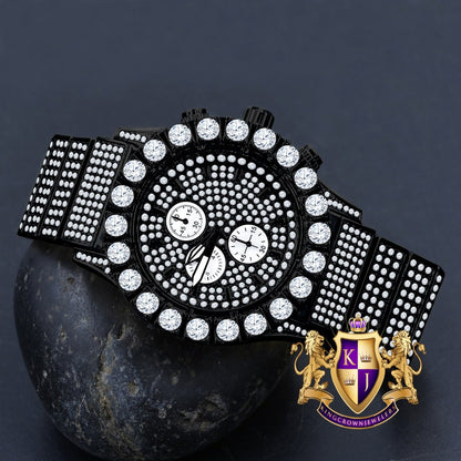 Men's 18K Black Gold Finish Solitaire Simulated Diamonds Stainless Steel Back Watch 44mm