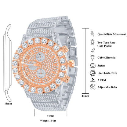Men's 18K 2 Tone Rose Gold Finish Solitaire Simulated Diamonds Stainless Steel Back Watch 44mm
