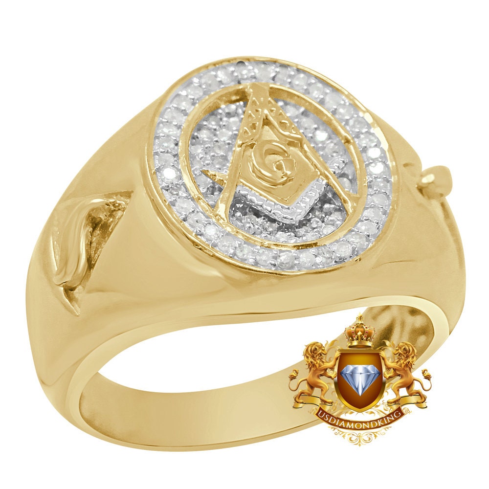 Men's Real Genuine Diamonds 0.50 Cwt Masonic Freemasonry G Compass Gold Finish Ring Band (Adjustable Size 10 Up To 11)