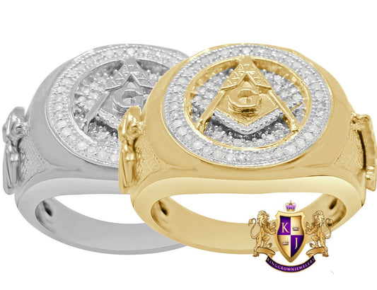 Real Genuine Diamonds 0.50 Cwt Masonic Freemasonry G Compass Gold Finish Men's Ring Band (Adjustable Size 10 Up To 11)