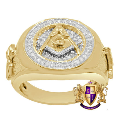 Real Genuine Diamonds 0.50 Cwt Masonic Freemasonry G Compass Gold Finish Men's Ring Band (Adjustable Size 10 Up To 11)