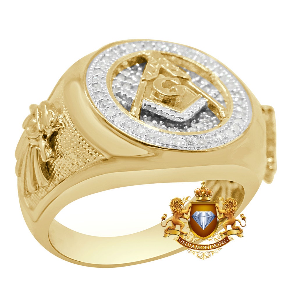 Real Genuine Diamonds 0.50 Cwt Masonic Freemasonry G Compass Gold Finish Men's Ring Band (Adjustable Size 10 Up To 11)