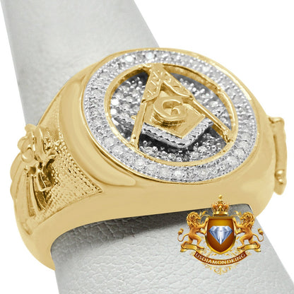 Real Genuine Diamonds 0.50 Cwt Masonic Freemasonry G Compass Gold Finish Men's Ring Band (Adjustable Size 10 Up To 11)