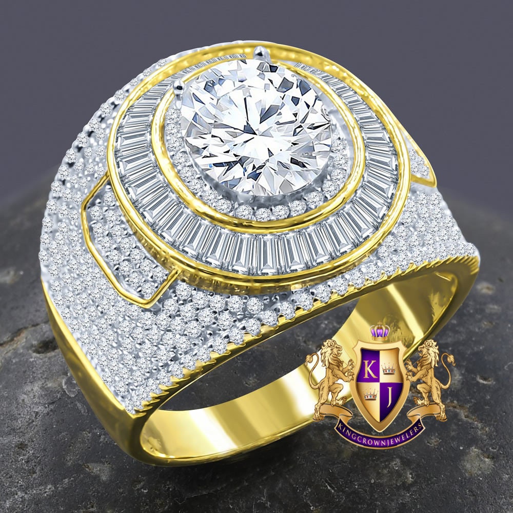 Big Bold Real Genuine Sterling Silver Simulated Diamond 14K Gold Finish Men's Wedding Engagement Ring Band