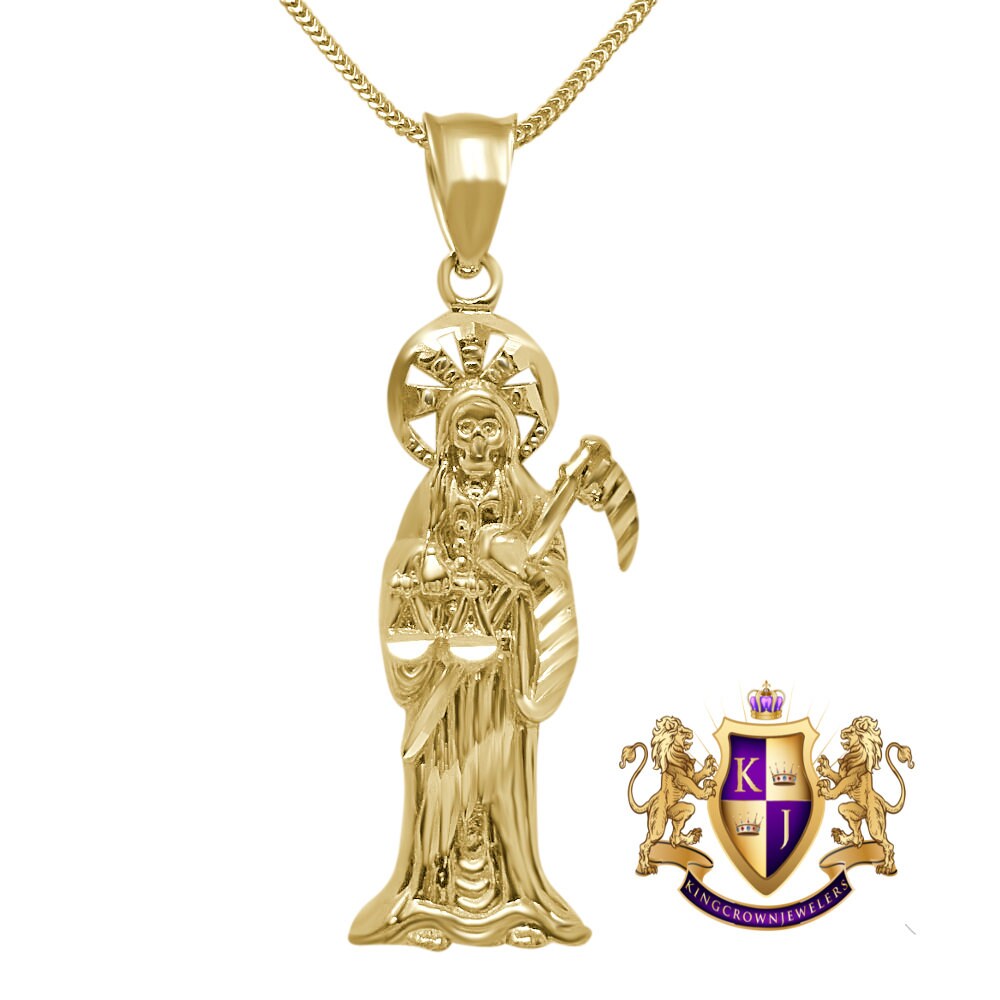 100% 10k Real Yellow Gold Santa Muerte Grim Reaper Angel of Death Pendent Charm 1.75''