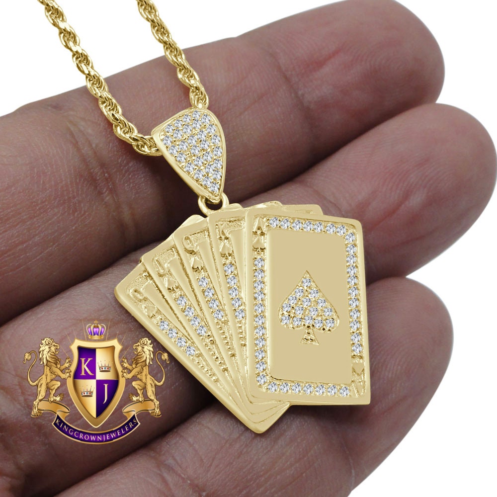 10K Real Solid Yellow Gold Poker Playing Cards Ace Of Spades Mens Pendent Charm 1.35''
