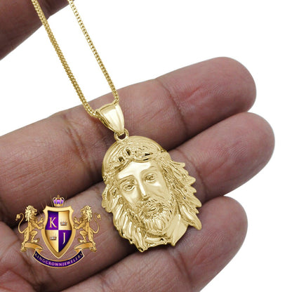 10K Real Solid Yellow Gold Holy Jesus Christ Face Piece Religious Pendent Charm 1.35''