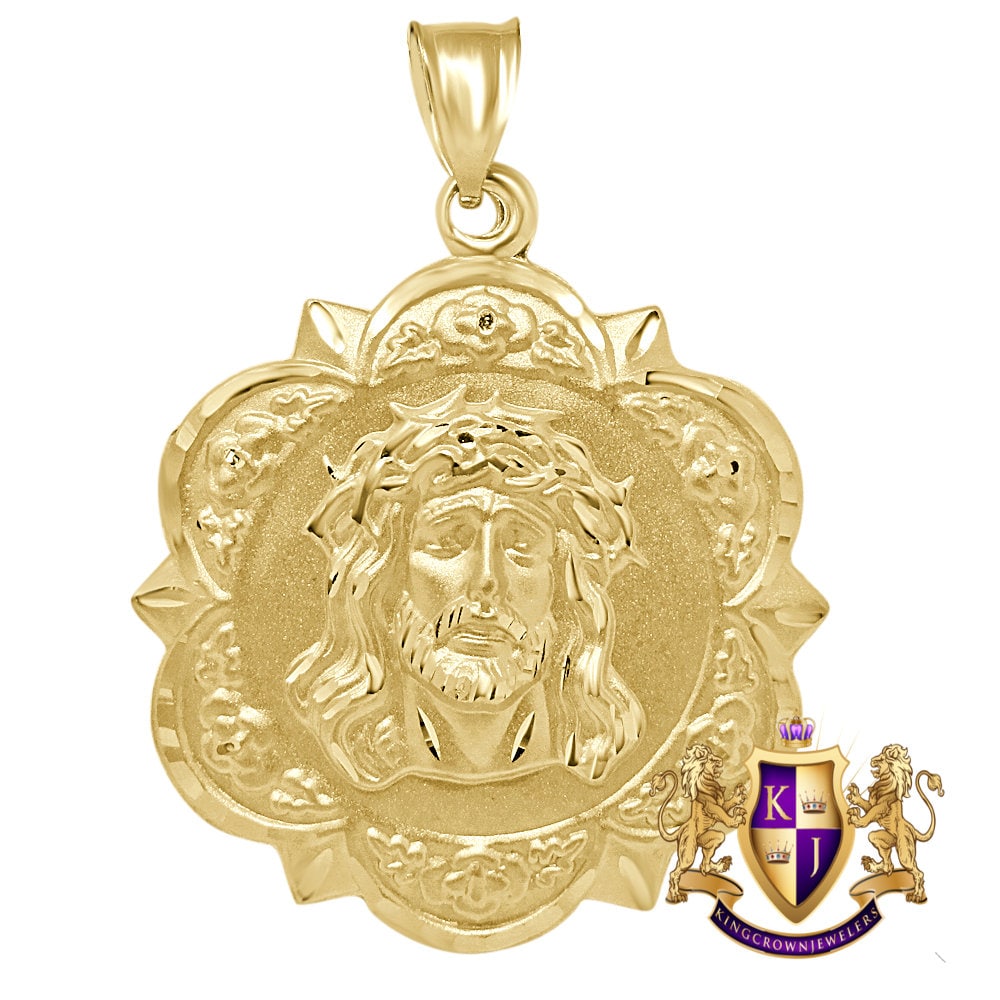 Men's 10K Solid Yellow Gold Holy Jesus Face Piece Medallion Pendent Charm 2.25''