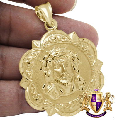 Men's 10K Solid Yellow Gold Holy Jesus Face Piece Medallion Pendent Charm 2.25''