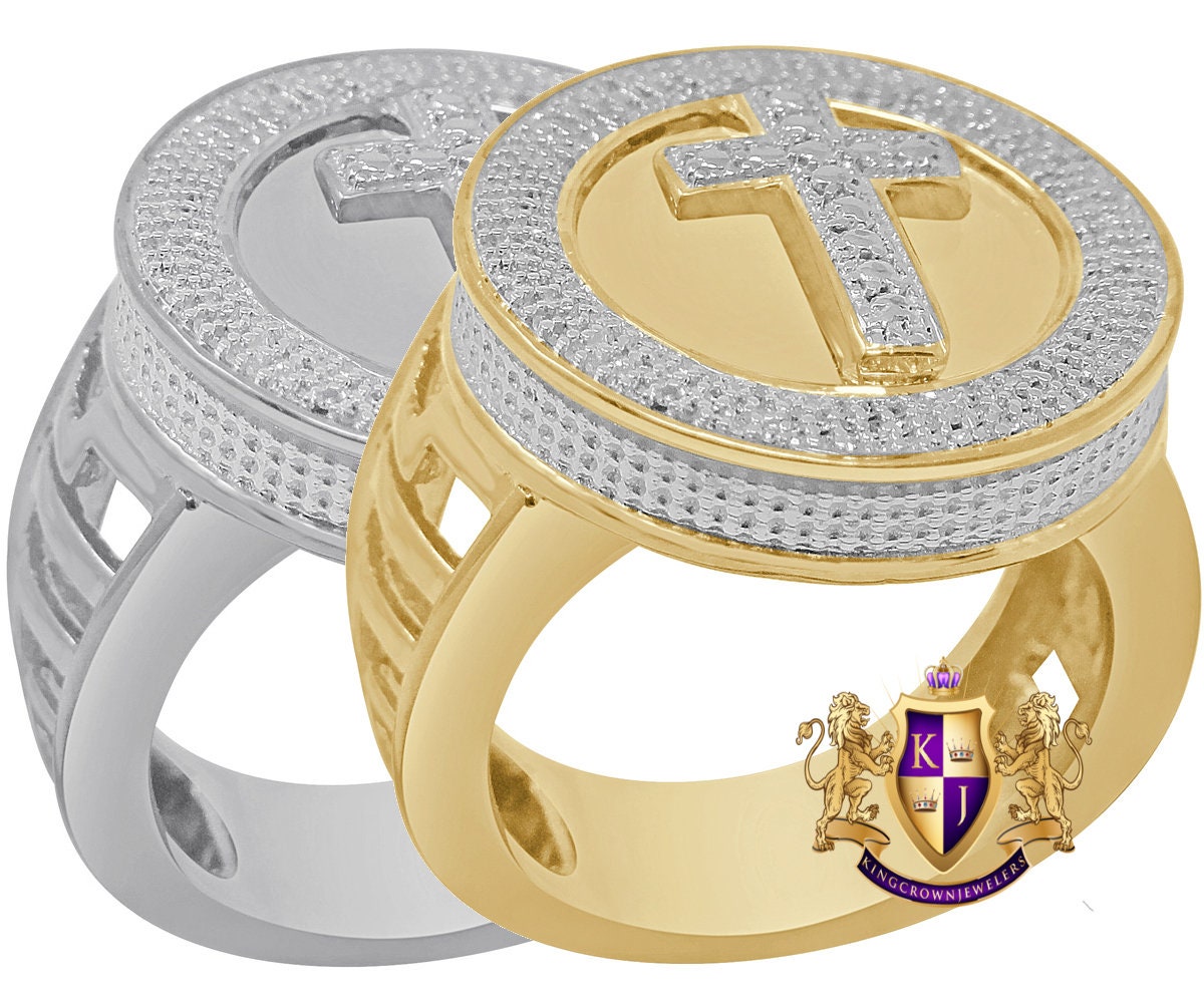 Men's Real Genuine Authentic Diamond 0.40 Cwt Holy Jesus Cross 10K Gold Finish Ring Band