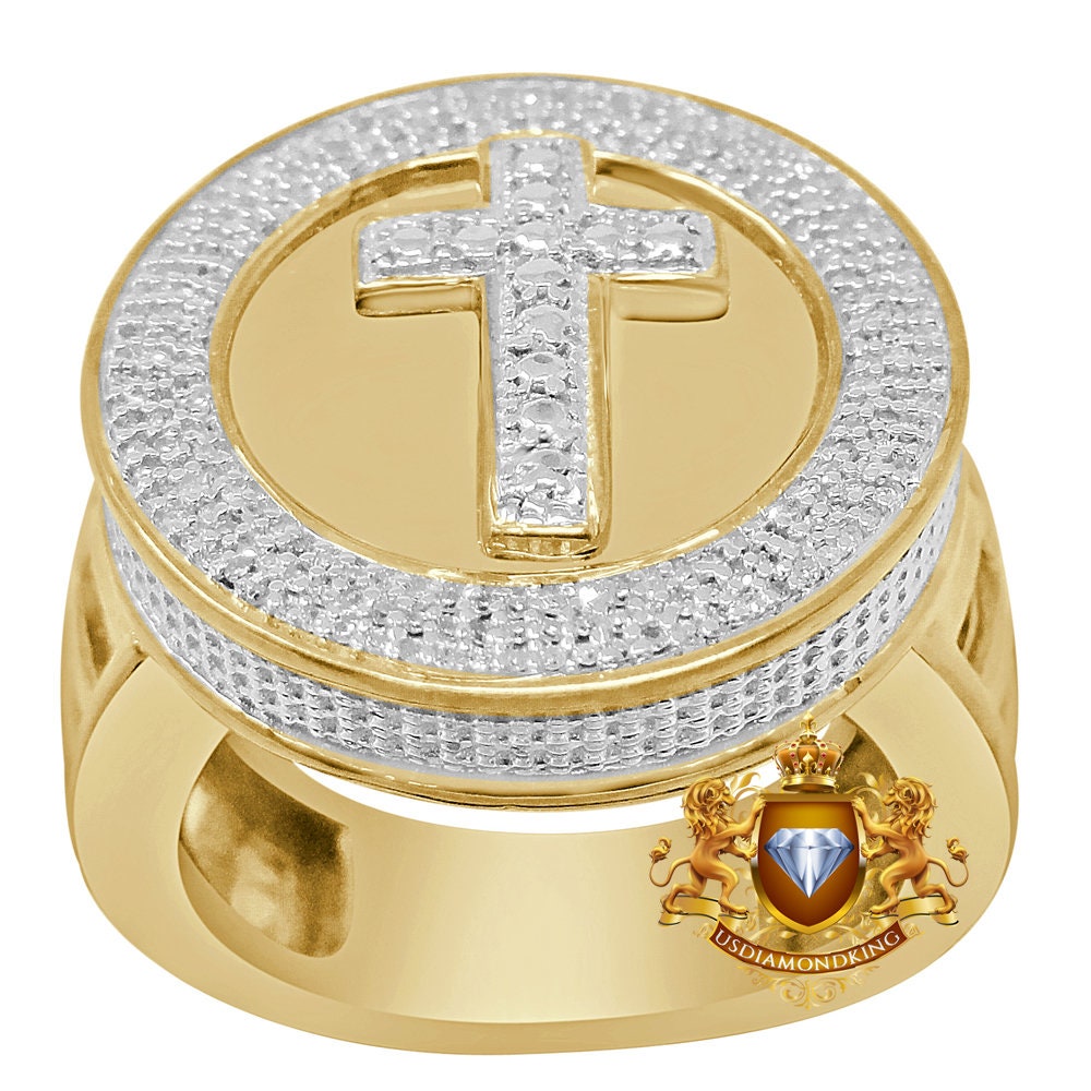 Men's Real Genuine Authentic Diamond 0.40 Cwt Holy Jesus Cross 10K Gold Finish Ring Band