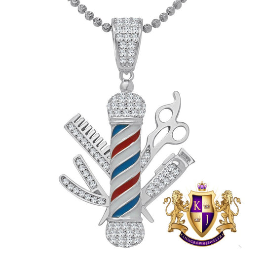 10K White Gold On Real Genuine Sterling Silver Lab Diamond Barber Shop Pole Pendant Charm + Chain