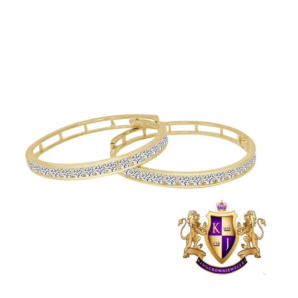 10k Real Solid Yellow Gold 1 row Channel Set Ladies Women's  Huggie Hoop Loop Earrings 26mm 2.7 + Grams