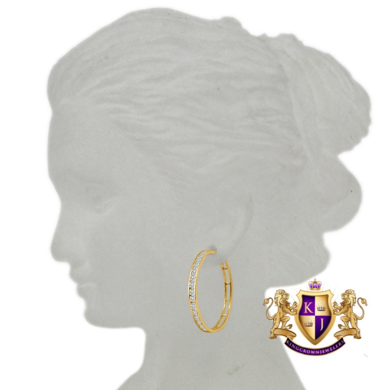 10k Real Solid Yellow Gold 1 row Channel Set Ladies Women's  Huggie Hoop Loop Earrings 26mm 2.7 + Grams