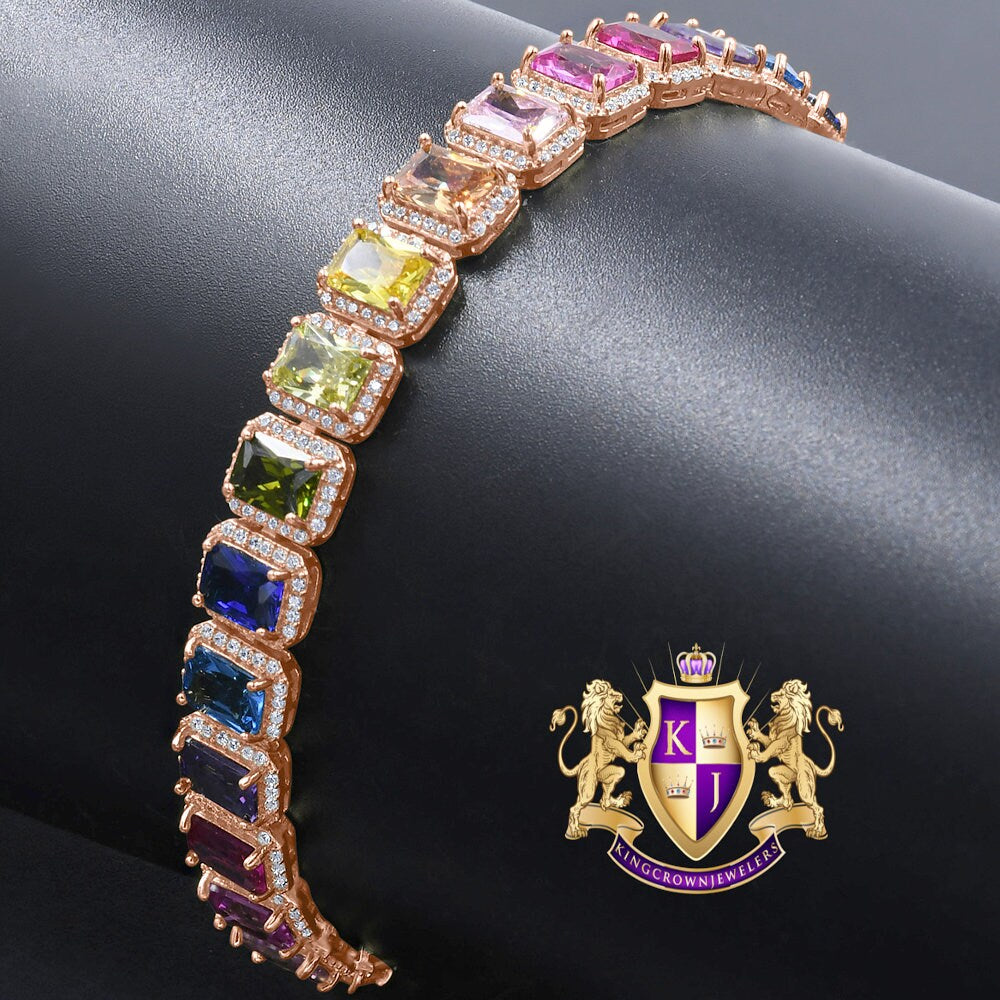 14K Rose Gold Finish Rainbow Multi Tone Simulated Diamonds Solitaire Mens Ladies Bracelet 10mm / 8.5 Inch