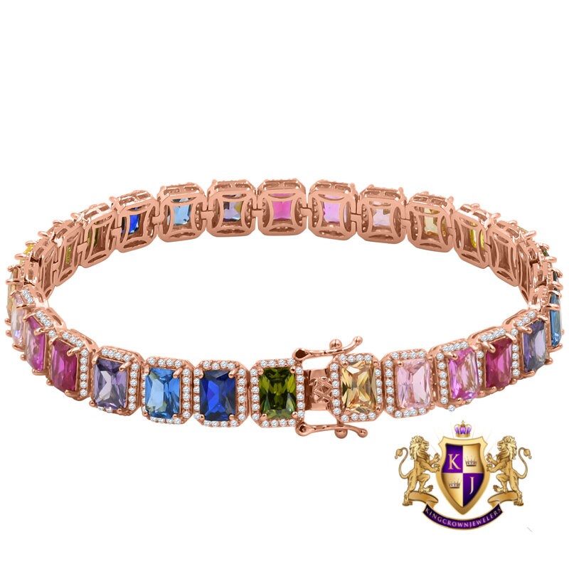 14K Rose Gold Finish Rainbow Multi Tone Simulated Diamonds Solitaire Mens Ladies Bracelet 10mm / 8.5 Inch