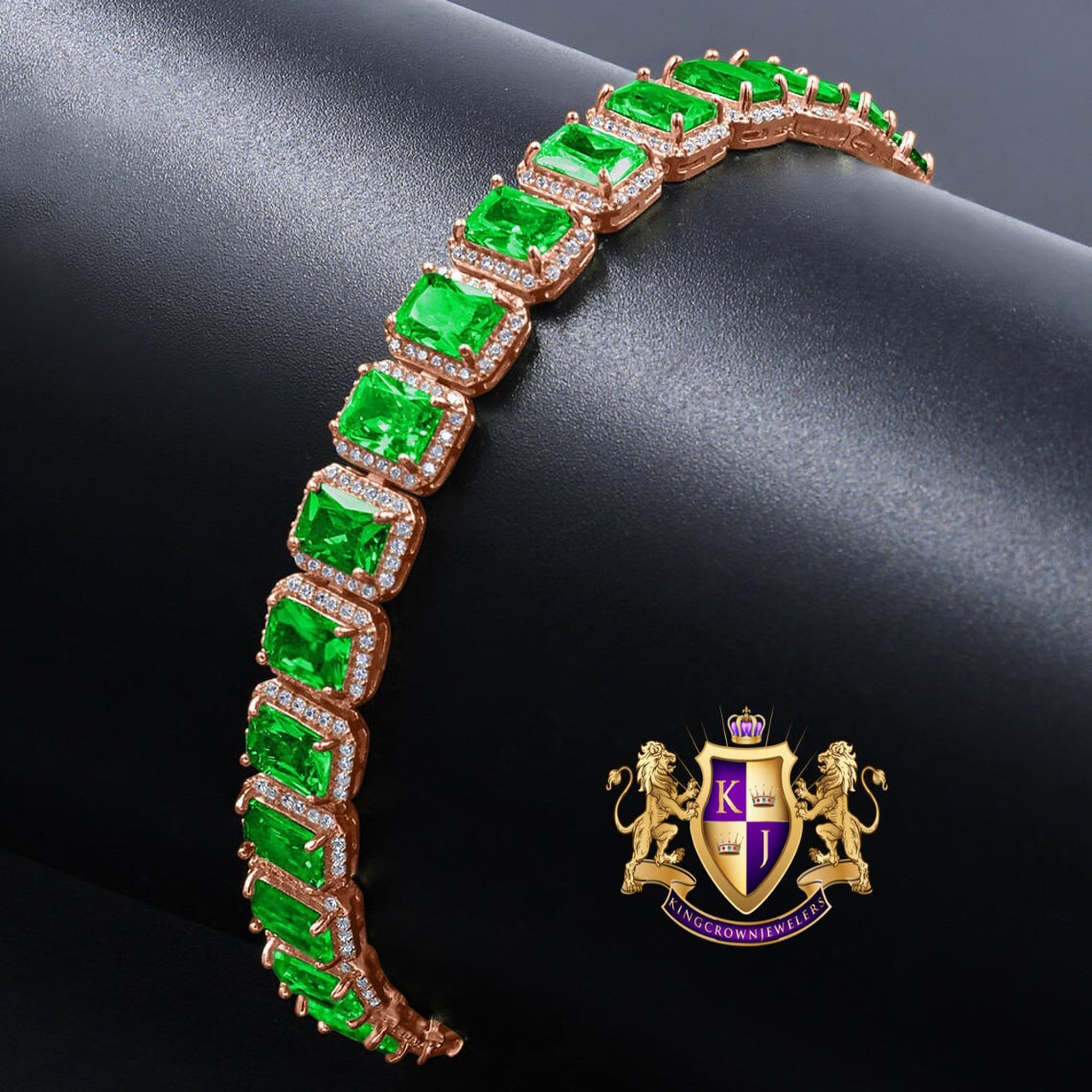 14K Rose Gold Finish Emerald Green Simulated Diamonds Solitaire Mens Ladies Bracelet 10mm / 8.5 Inch