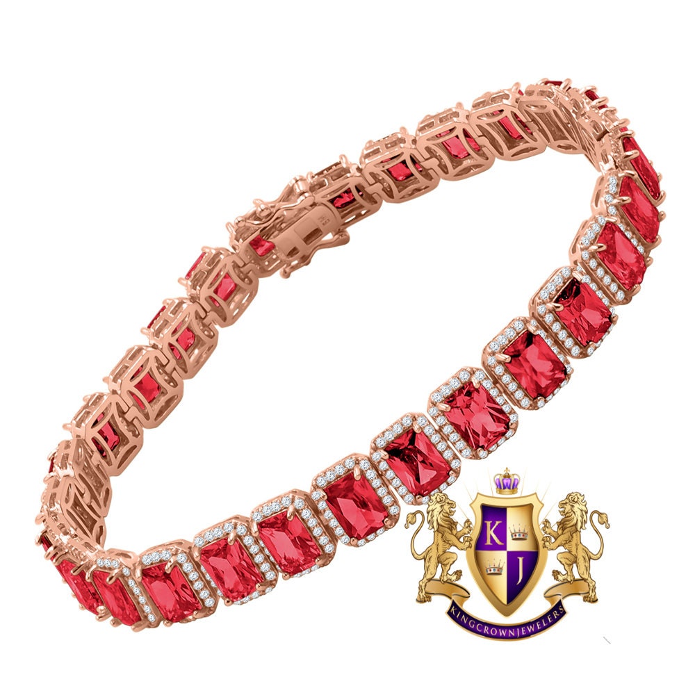 14K Rose Gold Over Ruby Red 6.00 Cwt. Simulated Diamonds Solitaire Men's Ladies Tennis Link Bracelet 10mm / 8.5 Inch