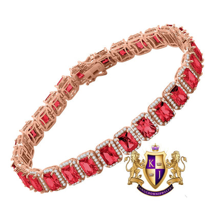 14K Rose Gold Over Ruby Red 6.00 Cwt. Simulated Diamonds Solitaire Men's Ladies Tennis Link Bracelet 10mm / 8.5 Inch