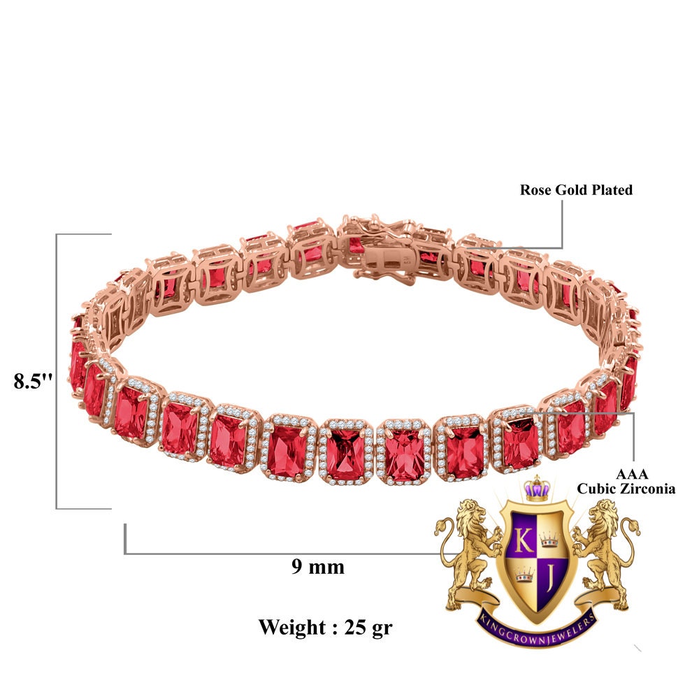 14K Rose Gold Over Ruby Red 6.00 Cwt. Simulated Diamonds Solitaire Men's Ladies Tennis Link Bracelet 10mm / 8.5 Inch