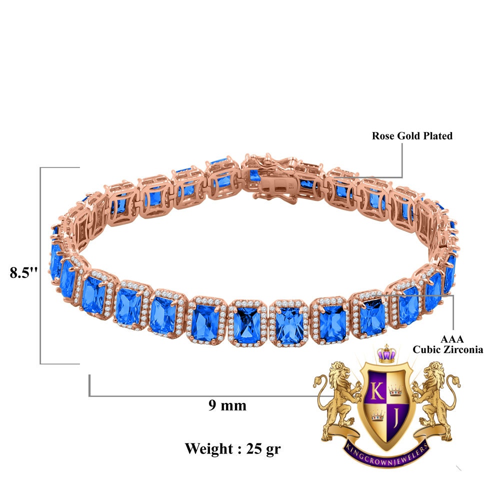 14K Rose Gold Finish Sapphire Blue 6.00 Cwt. Simulated Diamonds Solitaire Men's Ladies Tennis Link Bracelet 10mm / 8.5 Inch