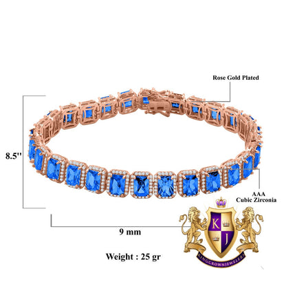 14K Rose Gold Finish Sapphire Blue 6.00 Cwt. Simulated Diamonds Solitaire Men's Ladies Tennis Link Bracelet 10mm / 8.5 Inch