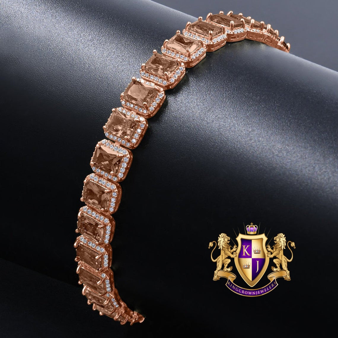 14K Rose Gold Finish Smokey Brown Topaz Simulated Diamonds Solitaire Mens Ladies Bracelet 10mm / 8.5 Inch