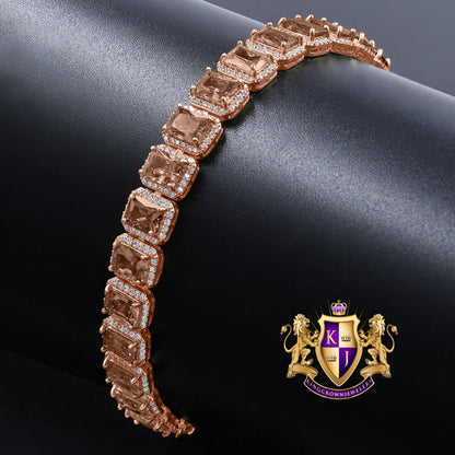 14K Rose Gold Finish Smokey Brown Topaz Simulated Diamonds Solitaire Mens Ladies Bracelet 10mm / 8.5 Inch