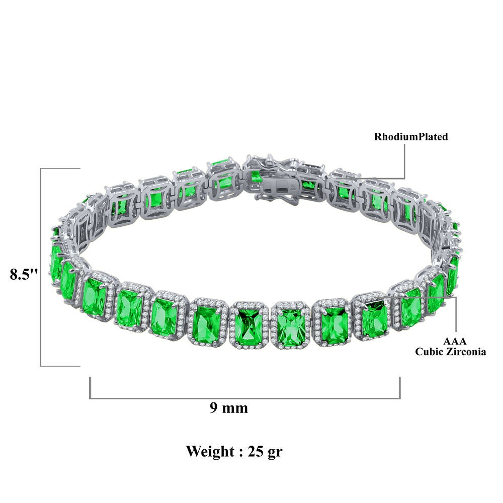 14K White Gold Finish Emerald Green Simulated Diamonds Solitaire Mens Ladies Bracelet 10mm / 8.5 Inch