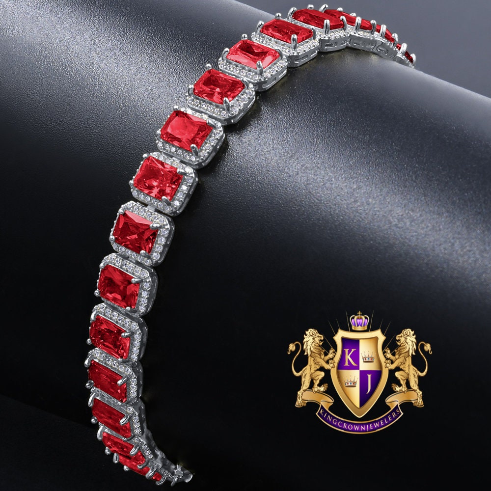 14K White Gold Over Ruby Red 6.00 Cwt. Simulated Diamonds Solitaire Men's Ladies Tennis Link Bracelet 10mm / 8.5 Inch
