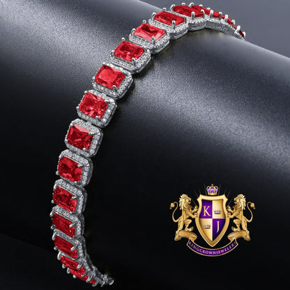 14K White Gold Over Ruby Red 6.00 Cwt. Simulated Diamonds Solitaire Men's Ladies Tennis Link Bracelet 10mm / 8.5 Inch