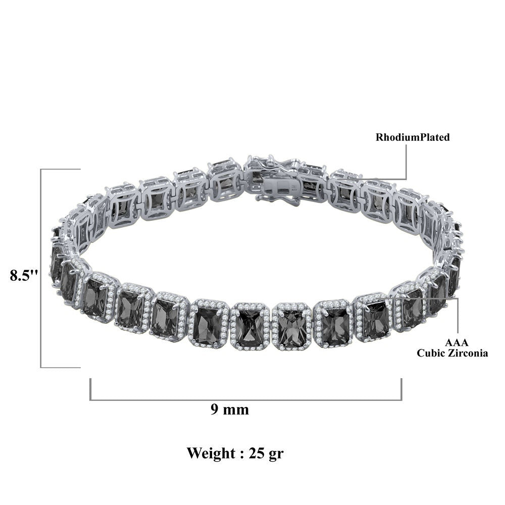 14K White Gold Finish Onyx Black Simulated Diamonds Solitaire Mens Ladies Bracelet 10mm / 8.5 Inch