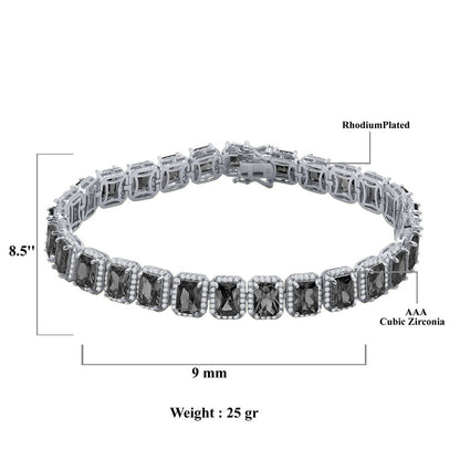 14K White Gold Finish Onyx Black Simulated Diamonds Solitaire Mens Ladies Bracelet 10mm / 8.5 Inch