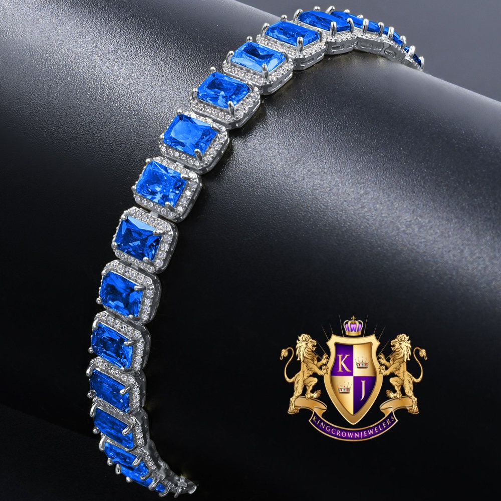 14K White Gold Finish Blue Sapphire  Simulated Diamonds Solitaire Mens Ladies Bracelet 10mm / 8.5 Inch